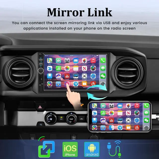 Alt view image 5 of 5 - 7 inch Double Din CarPlay Car Stereo with Car Play and Android Auto, 7inch Touch Screen Radio with Mirror Link/SWC/Bluetooth/FM Radio + Reverse Camera+ Remote Control