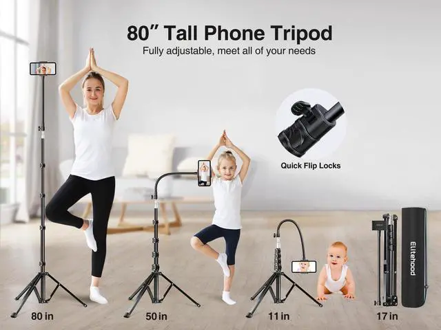 Alt view image 3 of 5 - elitehood 80 Tall Phone Stand Tripod, Floor Phone Recording Stand, Heavy Duty Adjustable iPhone Tripod Stand Compatible with iPhone 15 14 13 12