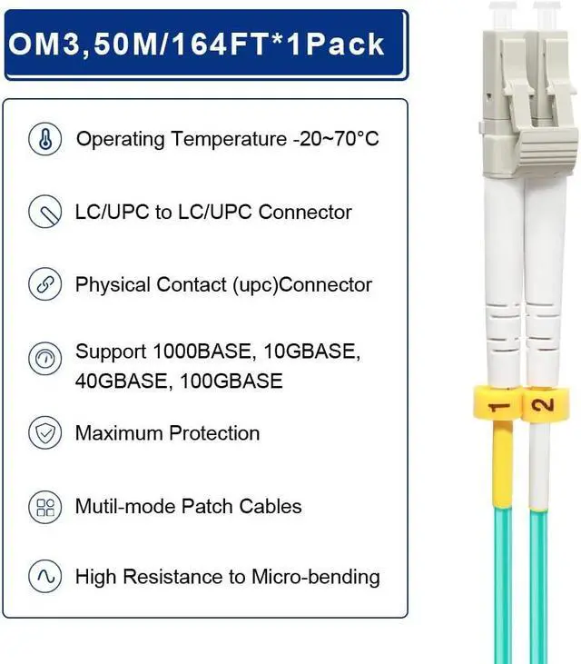 Alt view image 4 of 5 - FLYPROFiber- LC to LC Fiber Patch Cable OM3 50M, Options: 0.2m-200m, 10GB/40GB Multimode Duplex LC-LC 50/125um Fiber Optic Cable Cord LSZH-50Meter(164ft)