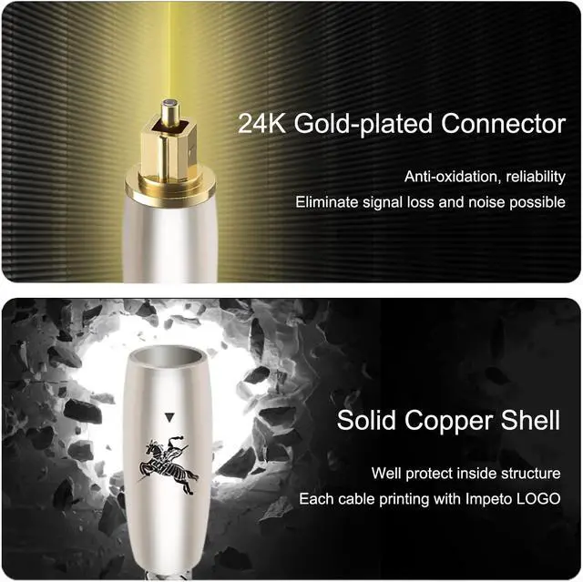 Alt view image 3 of 5 - Impeto Digital Fiber Optic Audio Cable for Sound Bar Toslink Cord Male to Male 24K Gold Plated Connector Optical Audio Cable 6ft 10ft S/PDIF Glass Core, 9.84feet/3M IMP-2201