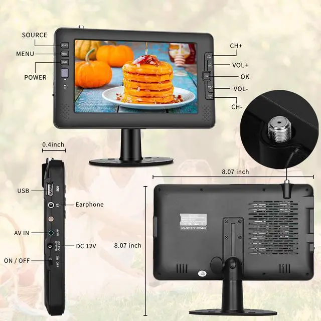 Alt view image 2 of 5 - Jexiop 9" IPS Screen Portable TV with Digital ATSC Tuner, USB Port, AV Input, Built-in Rechargeable Battery, Mini TV for Camping, Caravan, Kitchen