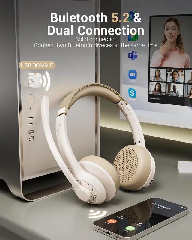 Alt view image 2 of 5 - JIAMQISHI Wireless Headset with AI Noise Cancelling Microphone Bluetooth Headset - Bluetooth V5.2 Headphones with USB Dongle & Mic Mute for Computer/Laptop/PC/iPhone/Android/Cell Phones (White)