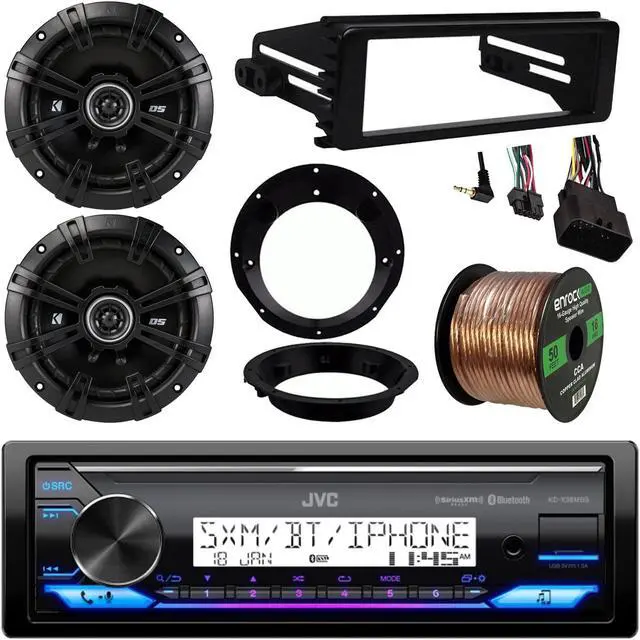 Main image of Single DIN Marine Bluetooth USB AUX Stereo Receiver Bundle Combo with 2X Kicker 6.5" 240-Watt Speakers W/Mounting Brackets, Dash Install Kit for 1998-13 HD Motorcycle + Enrock 50Ft Speaker Wire