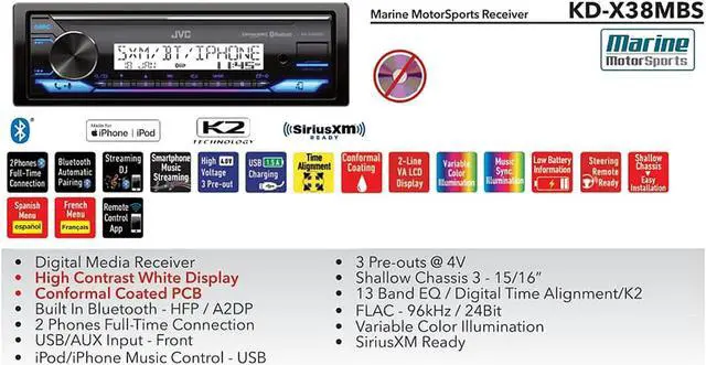 Alt view image 3 of 5 - Single DIN Marine Bluetooth USB AUX Stereo Receiver Bundle Combo with 2X Kicker 6.5" 240-Watt Speakers W/Mounting Brackets, Dash Install Kit for 1998-13 HD Motorcycle + Enrock 50Ft Speaker Wire