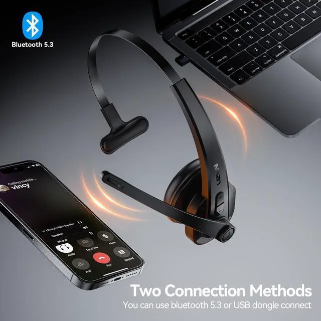 Alt view image 3 of 5 - LEVN Wireless Headset with Mic for Work, Bluetooth 5.3 Headset with AI Noise Cancelling Microphone, 65Hrs Working Time Wireless Headset with Microphone for Work from Home/PC/CallCenter/Computer
