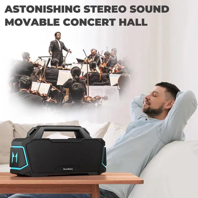 Alt view image 2 of 5 - Bluetooth Speaker,MusiBaby M1 Wireless Speakers with Subwoofer,IPX6 Waterproof,20H Playtime,RGB Lights,Deep Bass,Portable,Large,Loud Speaker for Outdoor,Party,Camping,Backyard,Dual Pairing(Blk)