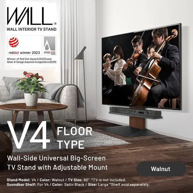 Alt view image 2 of 5 - WALL V4 | Sleek Shallow Floor TV Stand for Extra Large 50-100 Inch | Walnut | for Large Screens | Living Room and Bedroom, Space Saving, Adjustable Mount, No Drill, Japan-Engineered Design
