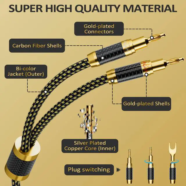 Alt view image 2 of 5 - Mygatti Hi-Fi Speaker Cable 15 Feet, with Banana Plugs and Convertible Gold Plated Y Spade Connectors, (Silver Plated Copper Wire, 16AWG, Multiple Shield, Nylon Braided), for HiFi Sound, Audiophiles