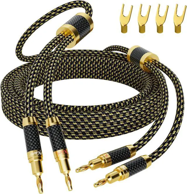 Main image of Mygatti Hi-Fi Speaker Cable 15 Feet, with Banana Plugs and Convertible Gold Plated Y Spade Connectors, (Silver Plated Copper Wire, 16AWG, Multiple Shield, Nylon Braided), for HiFi Sound, Audiophiles