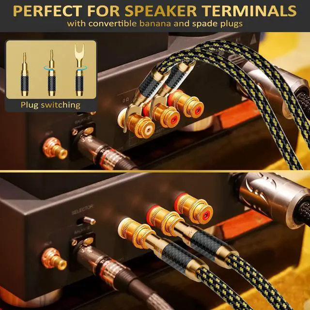 Alt view image 5 of 5 - Mygatti Hi-Fi Speaker Cable 15 Feet, with Banana Plugs and Convertible Gold Plated Y Spade Connectors, (Silver Plated Copper Wire, 16AWG, Multiple Shield, Nylon Braided), for HiFi Sound, Audiophiles