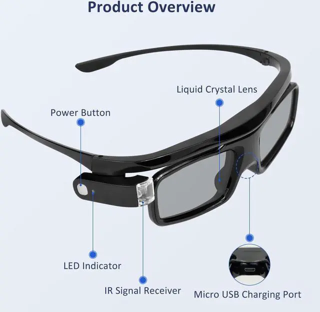 Alt view image 2 of 5 - NexiGo DLP Link 3D Glasses, Rechargeable 3D Active Shutter Glasses Compatible Aurora Pro, TriVision Ultra (Black - 2Pack)