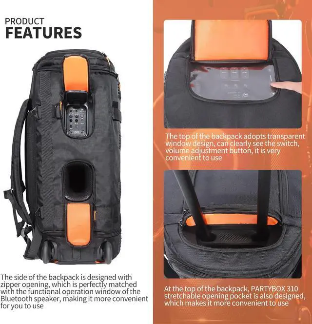 Alt view image 3 of 5 - OUKNAK Speaker Bag Travel Case Replacement for JBL Party Box Series, Portable Speaker Carry Tote Bag Backpack for JBL Speaker (For JBL partybox 310 black)