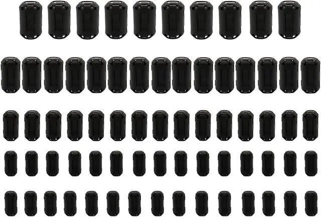 Main image of 70Pcs Ferrites Clip-on Ferrite Ring Core RFI EMI Noise Suppressor Cable Clip for 3.5mm/ 5mm/ 7mm/ 9mm/ 13mm Inner Diameter Tvs,Speakers,Radio,Audio Equipment Noise Suppressor Video Cable Power Cord