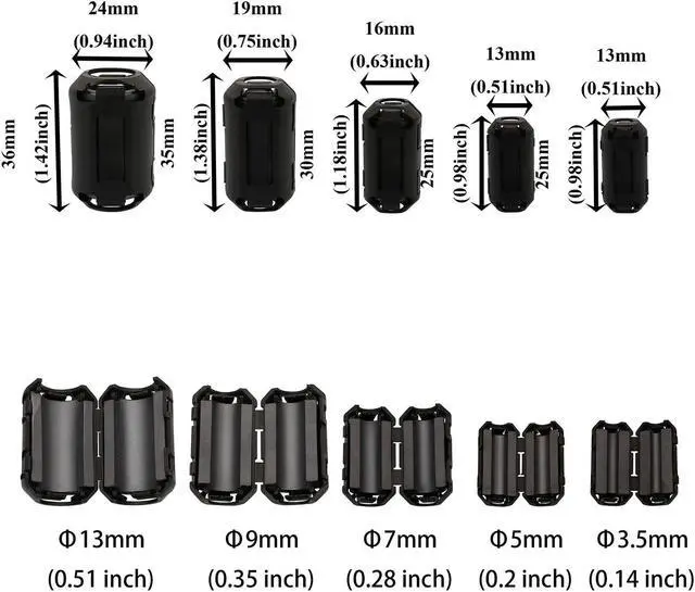 Alt view image 2 of 5 - 70Pcs Ferrites Clip-on Ferrite Ring Core RFI EMI Noise Suppressor Cable Clip for 3.5mm/ 5mm/ 7mm/ 9mm/ 13mm Inner Diameter Tvs,Speakers,Radio,Audio Equipment Noise Suppressor Video Cable Power Cord