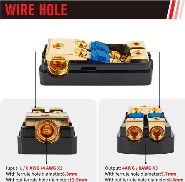 Alt view image 4 of 5 - RED WOLF 2 Way & 4 Way Fuse Holder 60A, 0/2/4 Gauge In 4/8 Gauge Out Copper Fuse Distribution Block for Car Boat Trolling Motor Marine Audio Amplifier Stereo Video System 12V