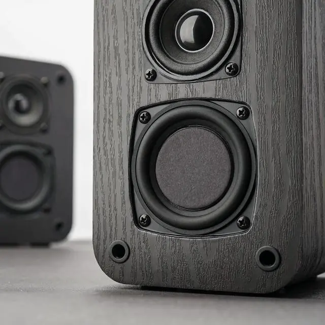 Alt view image 3 of 5 - RIOWOIS Passive Bookshelf Speakers for Home Theater Surround Sound, Home Desktop Stereo Speakers with Crisper Sound and Classic Wood Grain for Record Player/Computer/TV, Wall Mountable, One Pair.