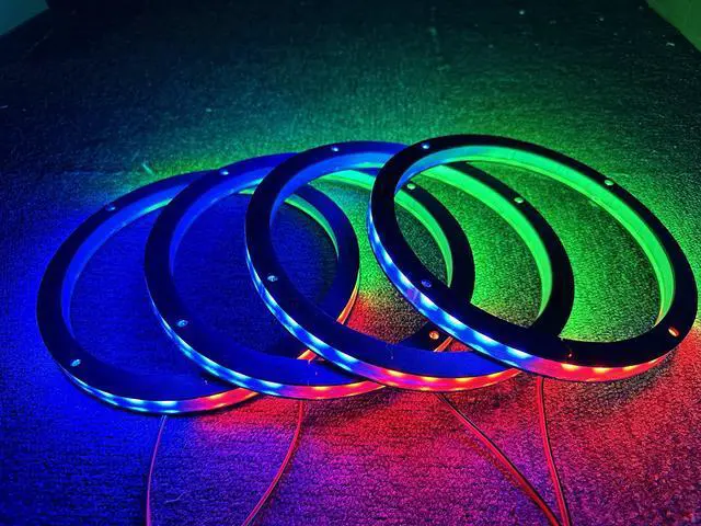 Alt view image 4 of 5 - NA 4PCS 10" Car LED Speaker Ring Lights Decorative Light Kit Dream Color Chasing Flow Series Spacer Ring Light Bluetooth App Controlled