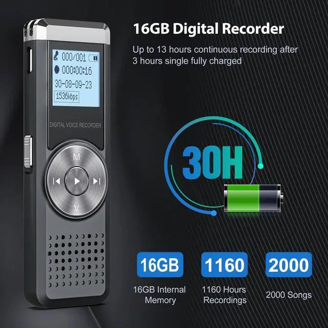 Alt view image 3 of 5 - Digital Voice Recorder, KINPEE 16GB Audio Sound Recorder Portable MP3 Recorder Dictaphone for Meeting Lecture Rechargeable Recording Device Voice Activated Recorder with Playback for Interview