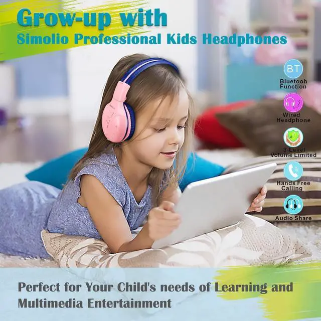 Alt view image 4 of 5 - SIMOLIO 2 Pack Wireless Bluetooth Kids Headphone with Hard Case & Volume Limited, Over-Ear Wireless Headphones for Kids, Girls, Boys, School,Travel (Mint,Pink)