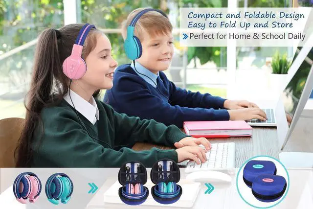 Alt view image 5 of 5 - SIMOLIO 2 Pack Wireless Bluetooth Kids Headphone with Hard Case & Volume Limited, Over-Ear Wireless Headphones for Kids, Girls, Boys, School,Travel (Mint,Pink)