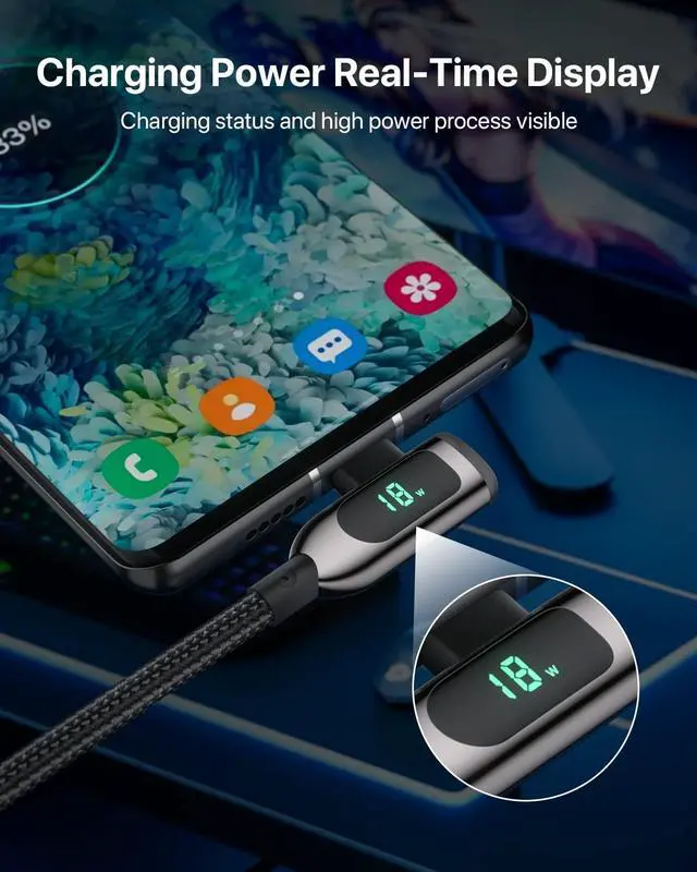 Alt view image 3 of 5 - SOOPII 100W Right Angle USB C to USB C Cable,2Pack 6.6FT Zinc Alloy Braided Type-C Cable with LED Display for iPhone 16/15, lPad Air/Pro,MacBook Pro,Samsung S23/S22/S10,Pixel,LG(6.6FT,Black)