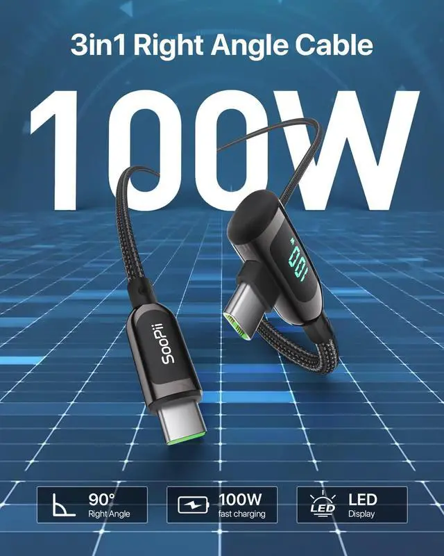 Alt view image 2 of 5 - SOOPII 100W Right Angle USB C to USB C Cable,2Pack 6.6FT Zinc Alloy Braided Type-C Cable with LED Display for iPhone 16/15, lPad Air/Pro,MacBook Pro,Samsung S23/S22/S10,Pixel,LG(6.6FT,Black)