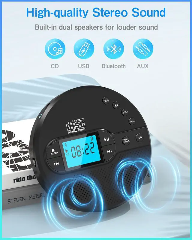 Alt view image 5 of 5 - Sunoony Portable CD Player with Bluetooth, Disman CD Player for Car with FM Transmitter, Rechargeable CD Player Portable with Anti-Skip Protection, Headphones, AUX/USB Supported, LCD Display(Black)