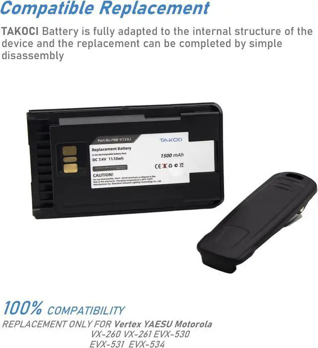 Alt view image 2 of 4 - TAKOCI Replacement Battery for Vertex YAESU FNB-V133Li FNB-V134Li VX-260 VX-261 EVX-530 EVX-531 EVX-534 EVX-231 EVX-261 1500mAh 7.4V