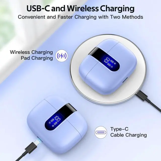 Alt view image 3 of 5 - TAGRY 2 Sets X08 White and Purple Bluetooth Headphones True Wireless Earbuds 60H Playback Ear Buds with Wireless Charging Case in-Ear Earbuds with Mic