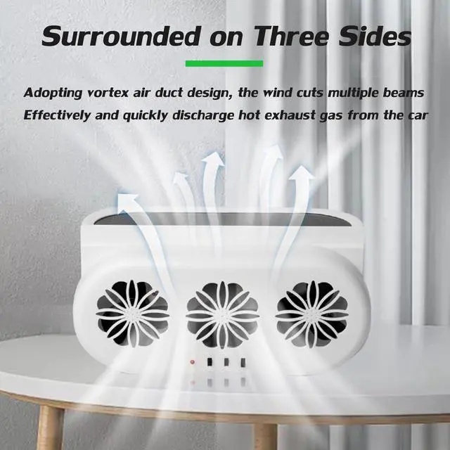 Alt view image 4 of 5 - Torcarvh Car Solar Powered Exhaust Fan Car Window Exhaust Fan Vehicle Ventilation Fan Auto Air Vent Cool Fan Cooler Ventilation System Car Radiator Cooling Fan with Three Air Outlet (White)