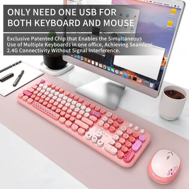 Alt view image 2 of 5 - Wireless Keyboard and Mouse Combo, 104 Round Keys Full-Size Cute Colorful Pink Cordless Keyboard and Mouse with Retro Typewriter for PC/Mac/Laptop/Tablet/Computer/Windows Pink