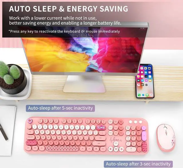 Alt view image 4 of 5 - Wireless Keyboard and Mouse Combo, 104 Round Keys Full-Size Cute Colorful Pink Cordless Keyboard and Mouse with Retro Typewriter for PC/Mac/Laptop/Tablet/Computer/Windows Pink