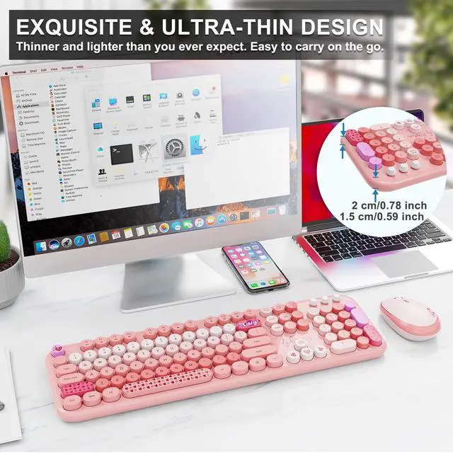 Alt view image 5 of 5 - Wireless Keyboard and Mouse Combo, 104 Round Keys Full-Size Cute Colorful Pink Cordless Keyboard and Mouse with Retro Typewriter for PC/Mac/Laptop/Tablet/Computer/Windows Pink