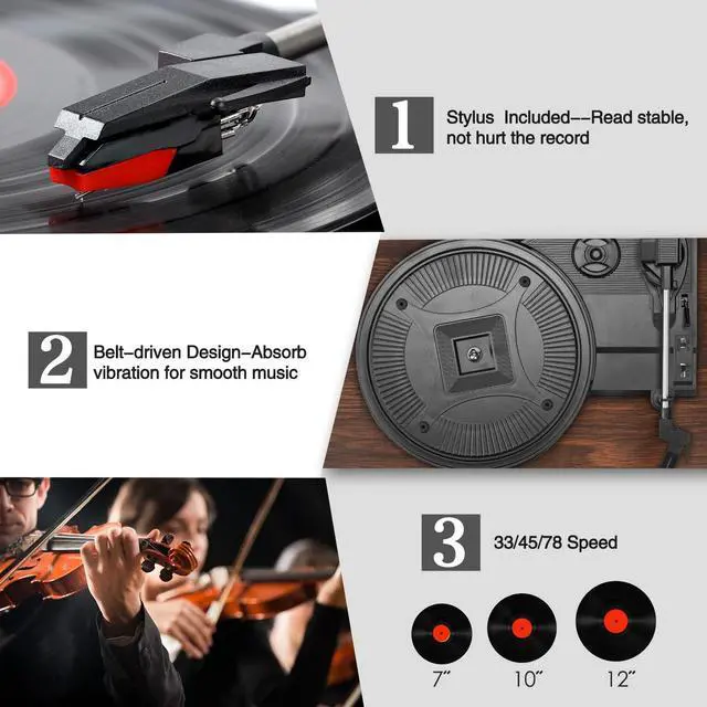 Alt view image 3 of 5 - Vinyl Record Player Wireless Turntable with Built-in Speakers and USB Belt-Driven Vintage Phonograph Record Player 3 Speed for Entertainment and Home Decoration Coffee