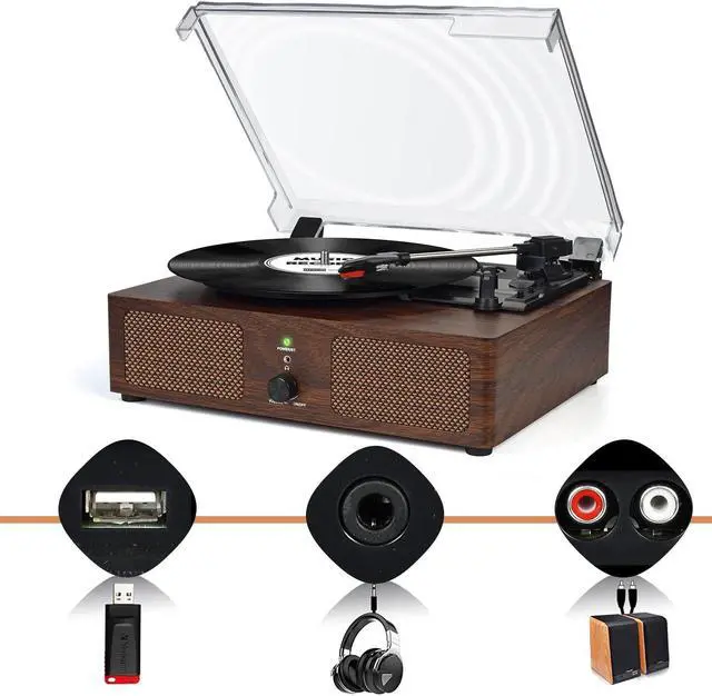 Alt view image 4 of 5 - Vinyl Record Player Wireless Turntable with Built-in Speakers and USB Belt-Driven Vintage Phonograph Record Player 3 Speed for Entertainment and Home Decoration Coffee