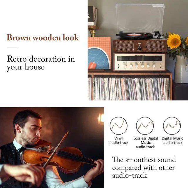 Alt view image 5 of 5 - Vinyl Record Player Wireless Turntable with Built-in Speakers and USB Belt-Driven Vintage Phonograph Record Player 3 Speed for Entertainment and Home Decoration Coffee