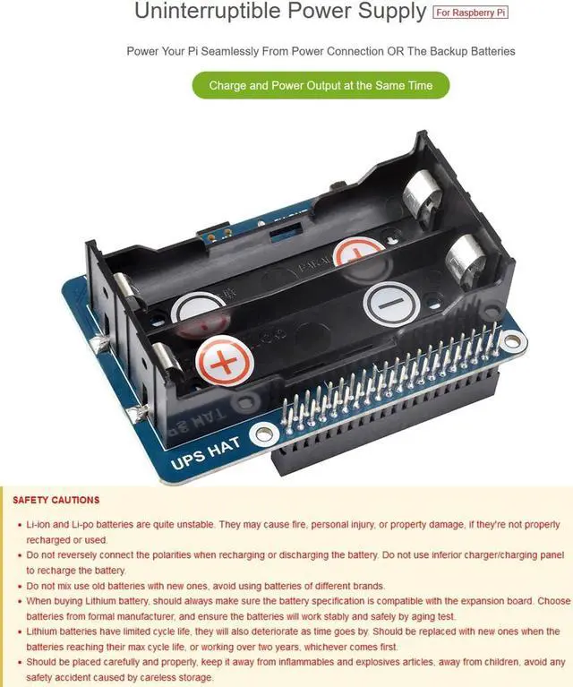Alt view image 3 of 5 - Uninterruptible Power Supply UPS HAT for Raspberry Pi 4B/3B+/3B, Support Power Supply Charge and Power Output at The Same Time, Provides Power Supply via Pin Header, with 5V USB Output