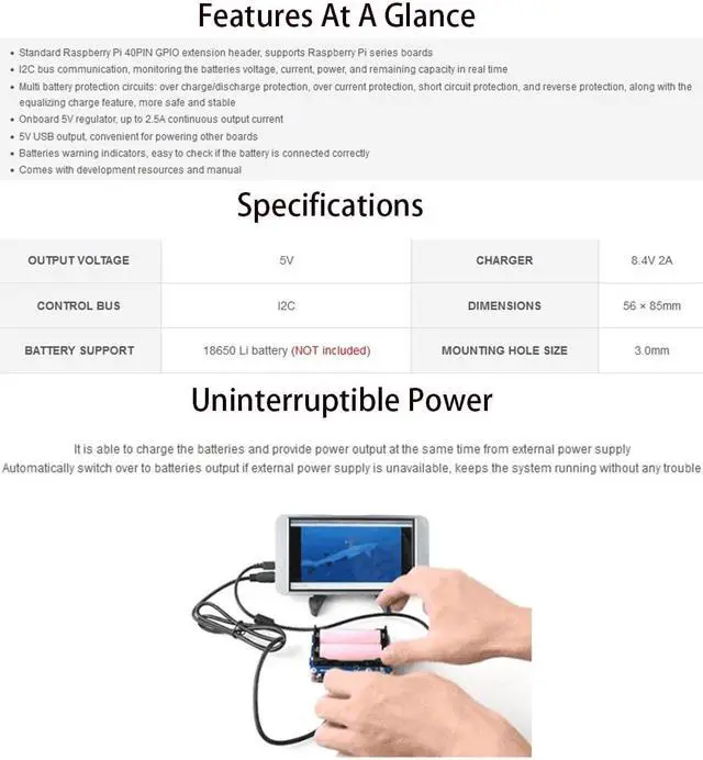 Alt view image 4 of 5 - Uninterruptible Power Supply UPS HAT for Raspberry Pi 4B/3B+/3B, Support Power Supply Charge and Power Output at The Same Time, Provides Power Supply via Pin Header, with 5V USB Output