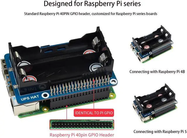 Alt view image 5 of 5 - Uninterruptible Power Supply UPS HAT for Raspberry Pi 4B/3B+/3B, Support Power Supply Charge and Power Output at The Same Time, Provides Power Supply via Pin Header, with 5V USB Output