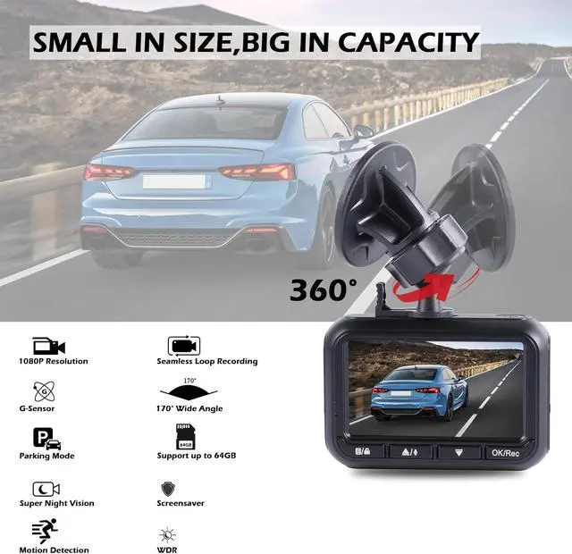 Alt view image 2 of 5 - UYYE Q2 Dual Car Dash Cam, 1080P Full HD Car Dashboard Camera, 170° Wide Angle, WDR, Night Vision Dash Camera for cars, Built-in G-Sensor, Loop Recording, 24Hours Parking Monitor, Motion Detection