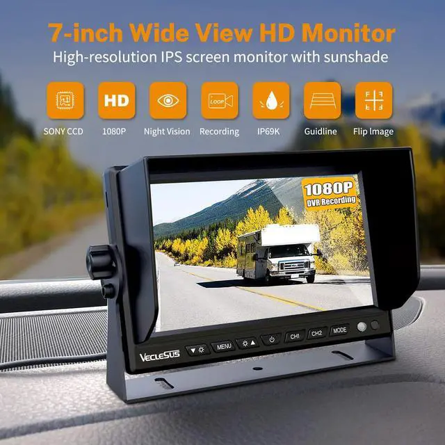 Alt view image 2 of 5 - VECLESUS Backup Camera Dash Camera Rearview camera1080P HD DVR Recording Wired 4-Video with 7 IPS Car Monitor Backup Camera for Trucks, RVs, Trailers, Buses, Large Vehicles VMQD