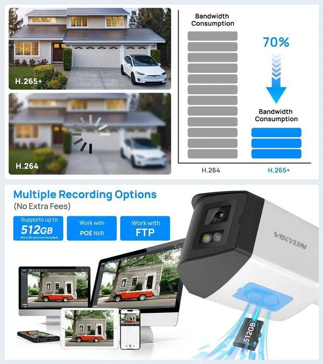 Alt view image 4 of 5 - VIKYLIN 180° Dual-Lens 4MP PoE IP Security Bullet Camera with Panoramic Ultra Wide Viewing Angle, 2-Way Talk, Human Detection, SD (512GB), Full Color/EXIR2.0 Night Vision,NDAA Complaint