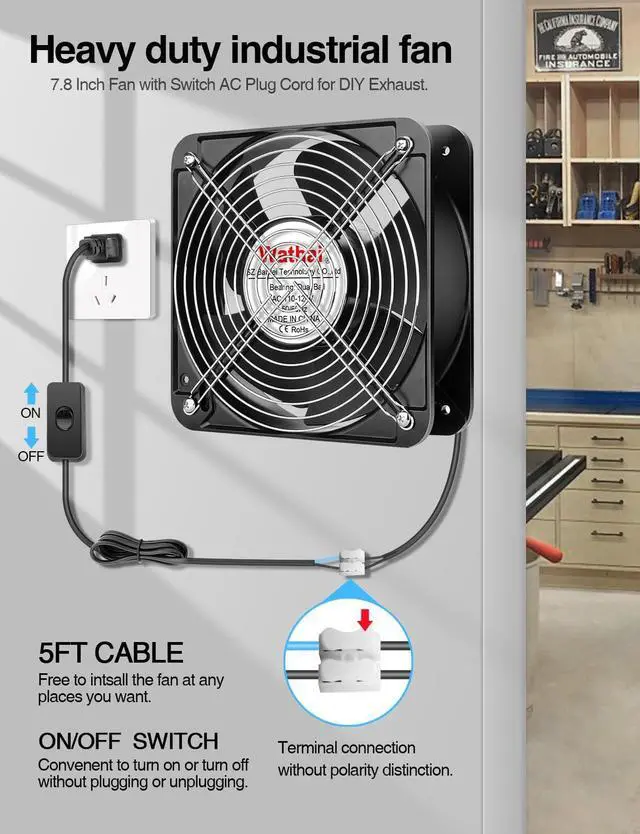 Alt view image 3 of 5 - Wathai AC Axial 2060 200mm Case Muffin Fan 110v 120V Dual Ball High Performance Industrial Case Cooling Fan 200mm x 200mm x 60mm