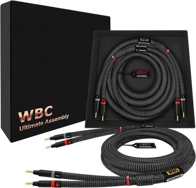 Main image of WORLDS BEST CABLES 15 Foot Ultimate - 7 AWG - Ultra-Pure OFC  Extra Premium Audiophile HiFi Speaker Cable Pair with Eminence Gold Banana Plugs & Carbon Tweed Jacket