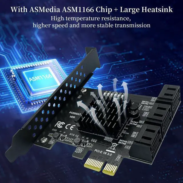 Alt view image 2 of 5 - 6-Port SATA III PCIe 1x Card (ASM1166 Chip) for PC Build, NAS, Server - 6Gbps Speed, Plug & Play, Supports HDD/SSD Storage Expansion, Windows/Linux/Mac
