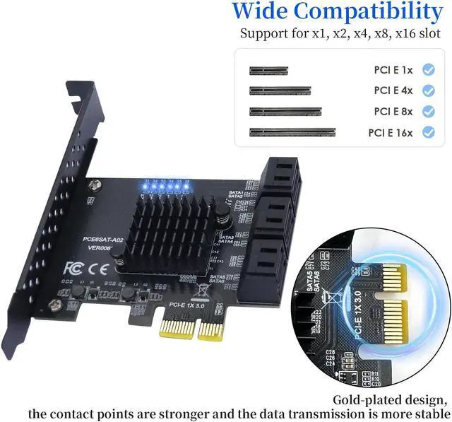Alt view image 3 of 5 - 6-Port SATA III PCIe 1x Card (ASM1166 Chip) for PC Build, NAS, Server - 6Gbps Speed, Plug & Play, Supports HDD/SSD Storage Expansion, Windows/Linux/Mac