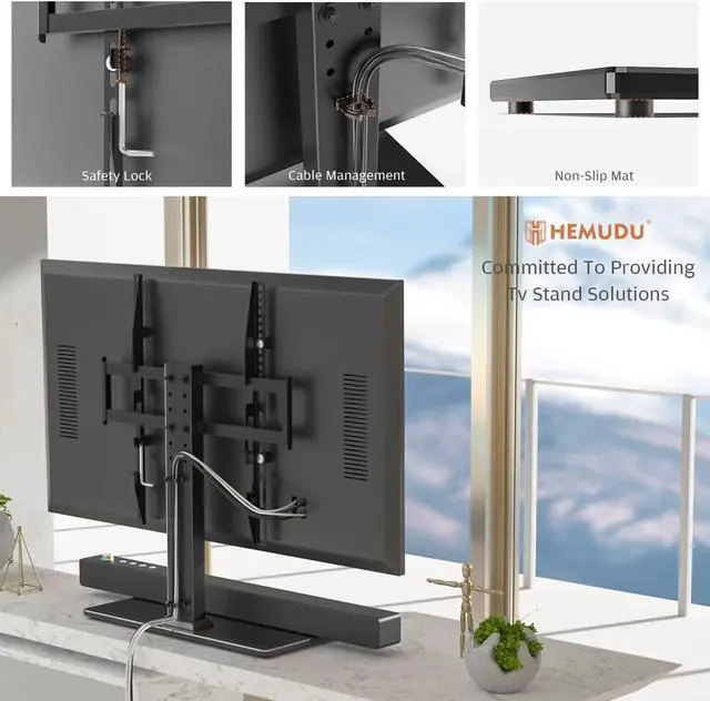 Alt view image 3 of 5 - Universal TV Stand - Table Top TV Stand for 27-60 inch LCD LED TVs - 6 Level Height Adjustable TV Base Stand with Tempered Glass Base & Wire Management, VESA 400x400mm