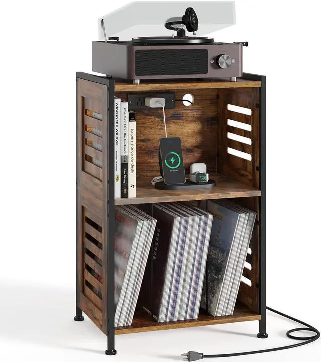 Main image of Y&M Record Player Stand, Vinyl Turntable Stand with Charging Station and USB Port, Record Display Table with Storage Cabinet, Turntable Holder, End Table, Nightstand for Bedroom, Living Room, Brown