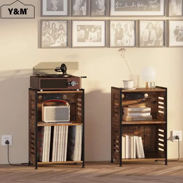 Alt view image 2 of 5 - Y&M Record Player Stand, Vinyl Turntable Stand with Charging Station and USB Port, Record Display Table with Storage Cabinet, Turntable Holder, End Table, Nightstand for Bedroom, Living Room, Brown