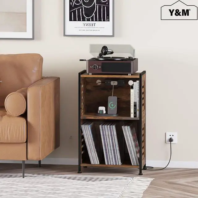 Alt view image 4 of 5 - Y&M Record Player Stand, Vinyl Turntable Stand with Charging Station and USB Port, Record Display Table with Storage Cabinet, Turntable Holder, End Table, Nightstand for Bedroom, Living Room, Brown